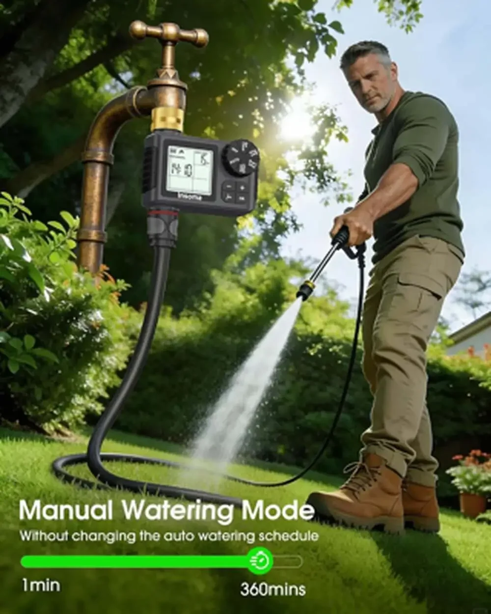 Water Timer for Garden Hose Brass Inlet 1 Outlet LCD Display Auto Manual Rain